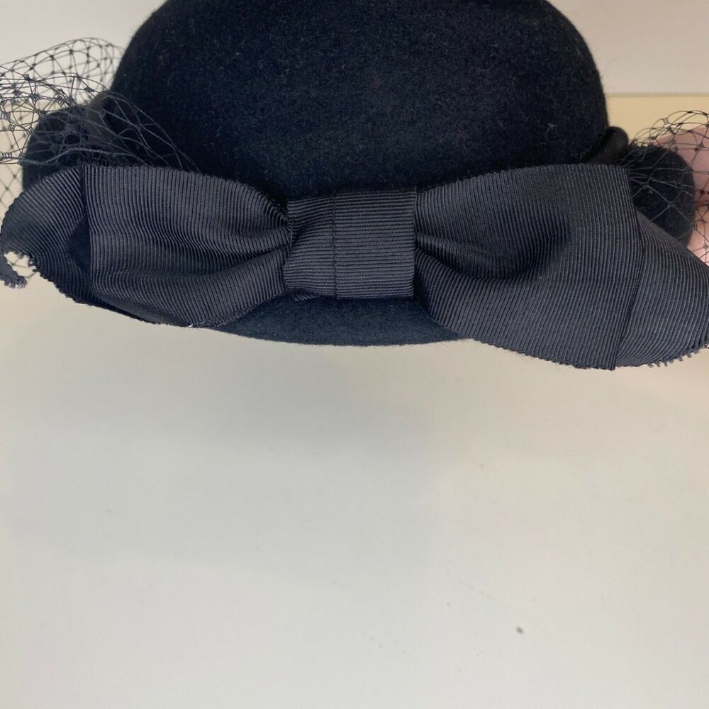 Vintage Lancaster Womens 1960s Black Wool Cocktail Hat Net Veil WPL 4564 USA - Picture 8 of 10